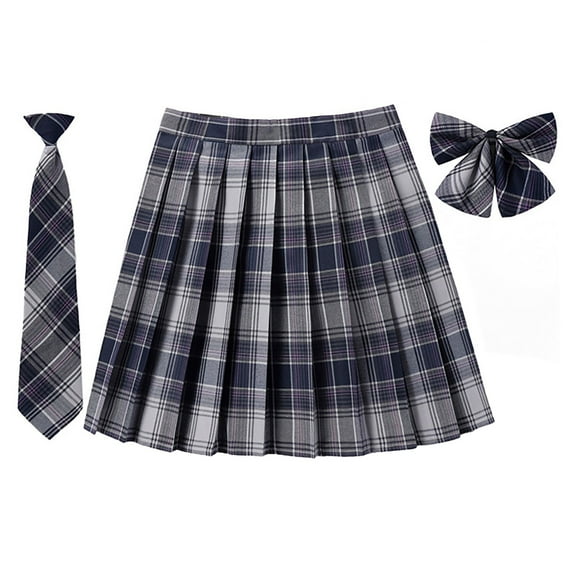 SAWKMW Girls Women's Pleated Plaid Skirt With Necktie Bowtie Lining Shorts School Girl Uniform(Z2-Grey,L)