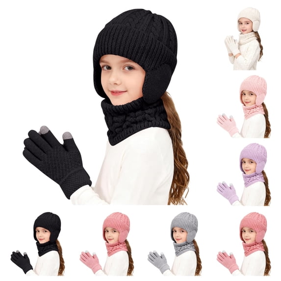 SAWOBUUN 3Pcs Kids Winter Earflap Hat Neck Gaiter Glove Set Fleece Lined Cable Knit Touchscreen Gloves Warm Accessories for Boys Girls