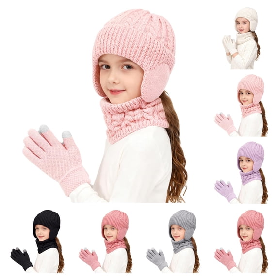 SAWOBUUN 3Pcs Kids Winter Earflap Hat Neck Gaiter Glove Set Fleece Lined Cable Knit Touchscreen Gloves Warm Accessories for Boys Girls