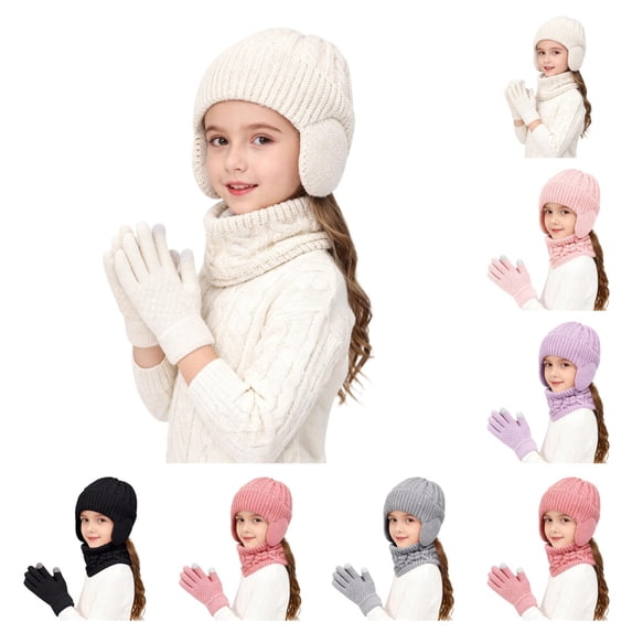 SAWOBUUN 3Pcs Kids Winter Earflap Hat Neck Gaiter Glove Set Fleece Lined Cable Knit Touchscreen Gloves Warm Accessories for Boys Girls