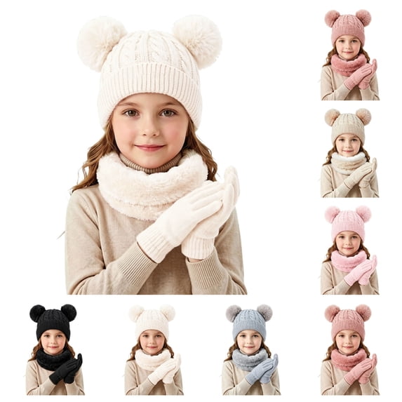 SAWOBUUN 3Pcs Kids Winter Hat Scarf Glove Set Cable Knit Fleece Lined Beanie Mitten Neck Warmer for Boys Girls Cold Weather