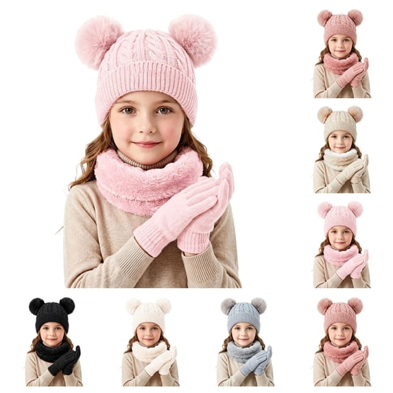 SAWOBUUN 3Pcs Kids Winter Hat Scarf Glove Set Cable Knit Fleece Lined Beanie Mitten Neck Warmer for Boys Girls Cold Weather