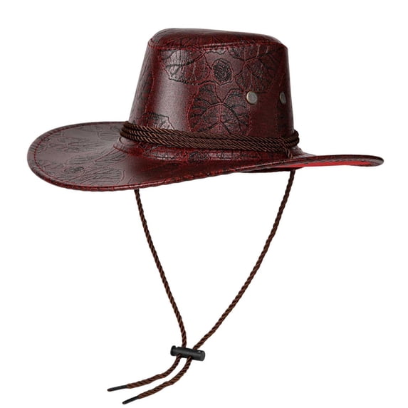 SAWOBUUN Adult Faux Leather Western Cowboy Hats for Men and Women Wide Brim Adjustable Vintage Hat with Lanyard