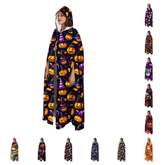 SAWOBUUN Adult Halloween Print Hooded Cape Renaissance Medieval Gothic Cloak with Arm Holes Party Ghosts Robe