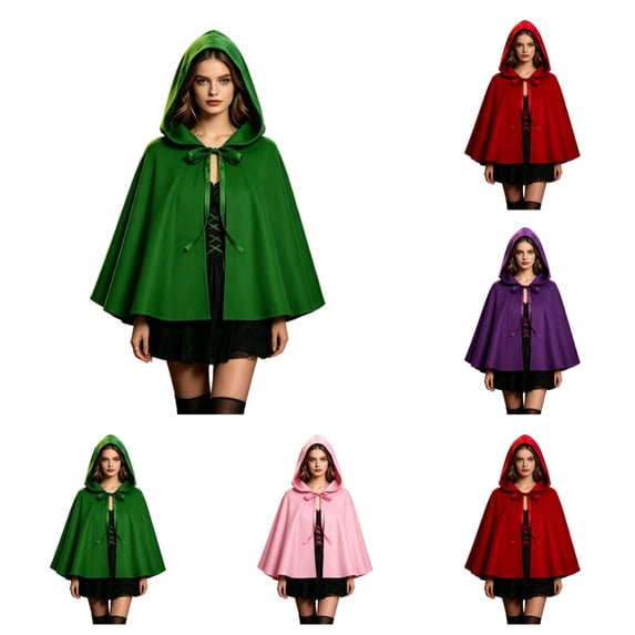 SAWOBUUN Adult Little Red Riding Halloween Hooded Cape Cloak Medieval Short Poncho Witch Vampire