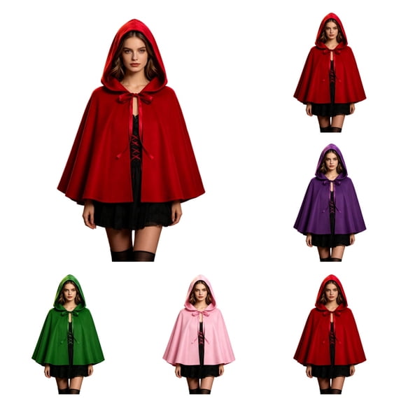 SAWOBUUN Adult Little Red Riding Halloween Hooded Cape Cloak Medieval Short Poncho Witch Vampire