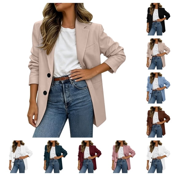 SAWOBUUN Blazers for Women Business Casual Long Sleeve Button Down, Breasted Notch Lapel, Open Front Suit Jacket, Dressy Work Blazer with Pockets, Winter Fall Outfits