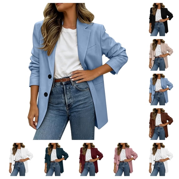 SAWOBUUN Blazers for Women Business Casual Long Sleeve Button Down, Breasted Notch Lapel, Open Front Suit Jacket, Dressy Work Blazer with Pockets, Winter Fall Outfits