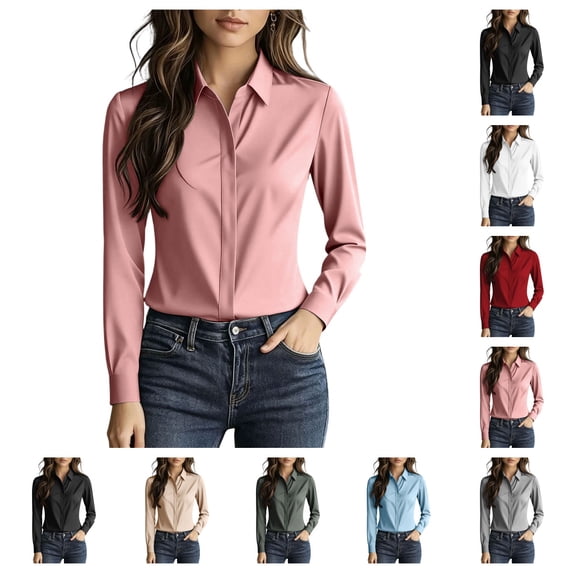 SAWOBUUN Button Down Shirts for Women Long Sleeve Hidden Placket Collared Dress Shirts Business Work Blouses