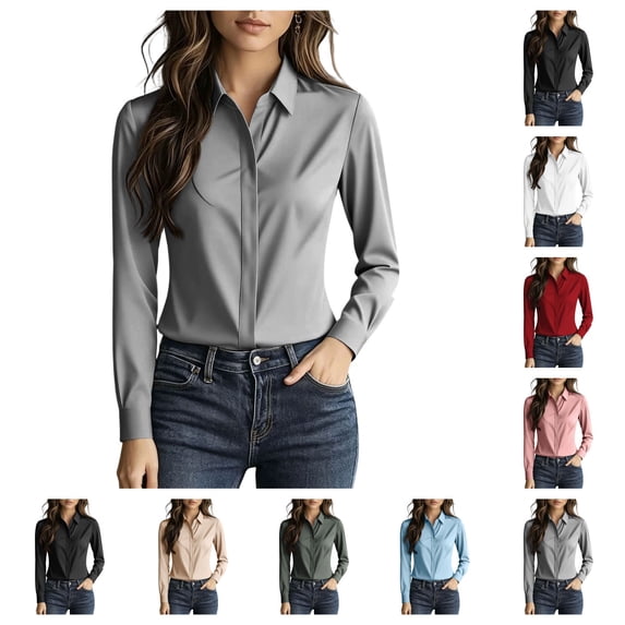 SAWOBUUN Button Down Shirts for Women Long Sleeve Hidden Placket Collared Dress Shirts Business Work Blouses