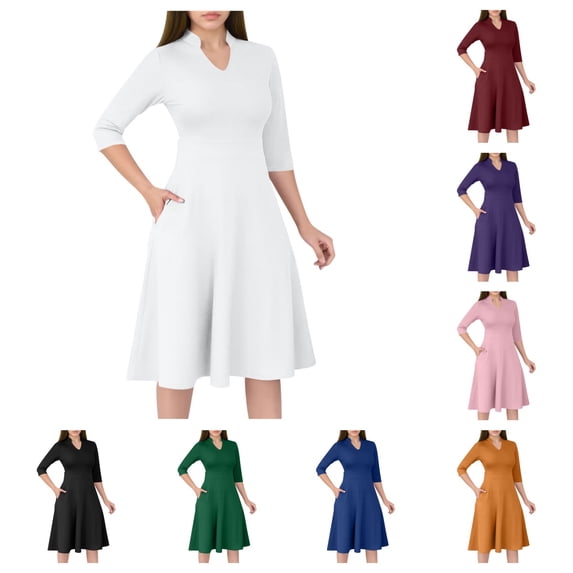 SAWOBUUN Casual Dresses for Women Semi Formal Fit and Flare 3/4 Sleeve A-line Church Work Dress with Pockets
