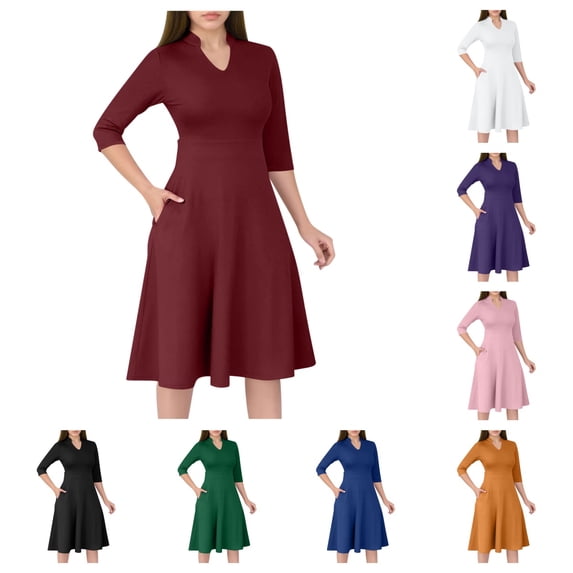 SAWOBUUN Casual Dresses for Women Semi Formal Fit and Flare 3/4 Sleeve A-line Church Work Dress with Pockets