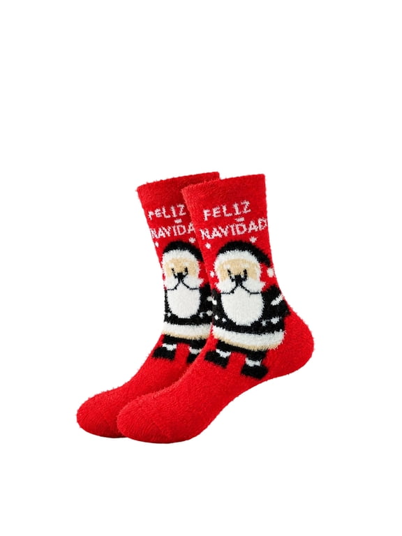 Christmas Fuzzy Socks for Women, Cartoon Santa Mid Calf Crew Socks, Winter Holiday Socks