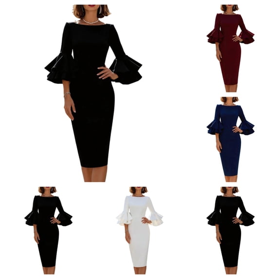 SAWOBUUN Church Dresses for Women Ruffled Bell Sleeve Business Pencil Midi Dress for Wedding Office