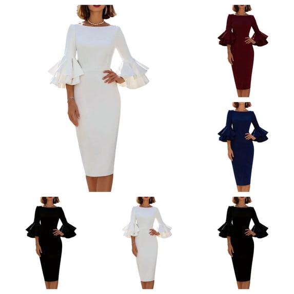 SAWOBUUN Church Dresses for Women Ruffled Bell Sleeve Business Pencil Midi Dress for Wedding Office