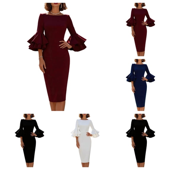 SAWOBUUN Church Dresses for Women Ruffled Bell Sleeve Business Pencil Midi Dress for Wedding Office