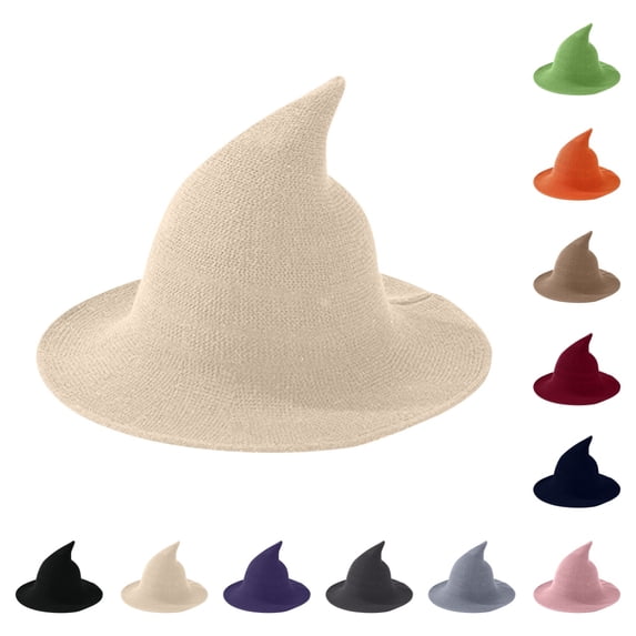 SAWOBUUN Cotton Yarn Witch Hat for Kids & Adults Soft Knitted Pointed Wizard Hat Foldable Halloween Accessory