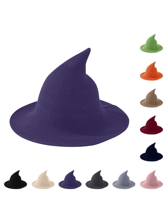 Cotton Yarn Witch Hat for Kids & Adults Soft Knitted Pointed Wizard Hat Foldable Halloween Accessory