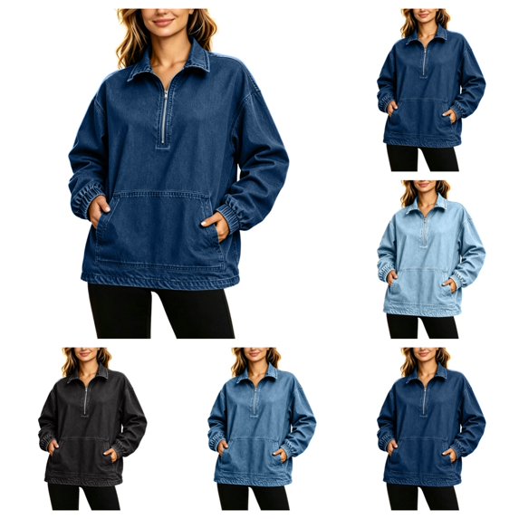SAWOBUUN Denim Jackets for Women Half Zip Long Sleeve Pullover Top Oversized Jean Jacket with Pocket