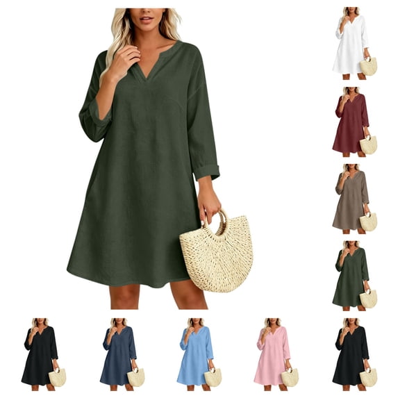 SAWOBUUN Dresses for Womens Cotton Linen V Neck Long Sleeve A Line Mini Dress Breathable Casual Shirt Dress