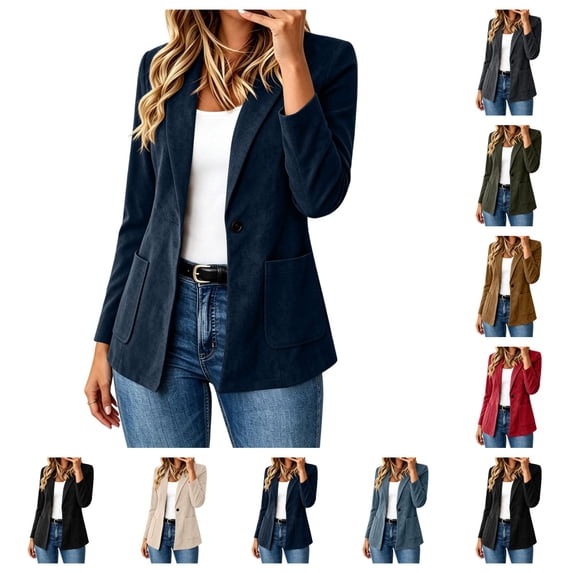 SAWOBUUN Faux Suede Blazer for Women Lapel Collar Open Front One Button Slim Fit Work Suit Jacket