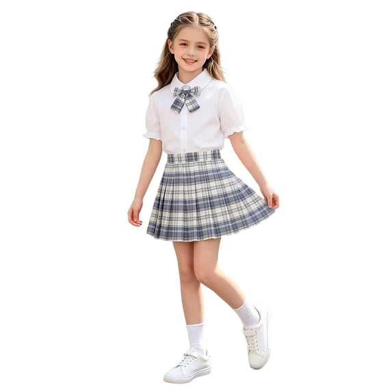 SAWOBUUN Girls' School Uniform Set Short Bubble Sleeve Button Down Shirt with Bow Tie and Plaid Pleated Mini Skirt - 3 Piece Outfit for Kids