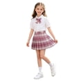 thumbnail image 1 of SAWOBUUN Girls' School Uniform Set Short Bubble Sleeve Button Down Shirt with Bow Tie and Plaid Pleated Mini Skirt - 3 Piece Outfit for Kids, 1 of 6