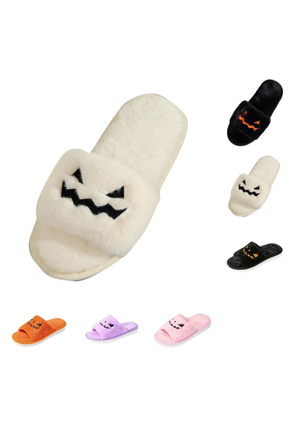 Halloween Slippers for Women Men Pumpkin Jack O Lantern Fuzzy Slide Open Toe Plush House Shoes Soft Fluffy Warm Indoor Bedroom Slippers
