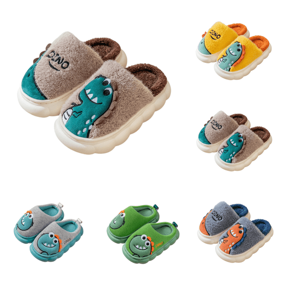 SAWOBUUN Kids Dinosaur House Slippers for Boys Girls Cute Cartoon Plush Fuzzy Warm Cozy Closed Toe Non-Slip Thick Sole Indoor Bedroom Shoes Toddler Little Kid