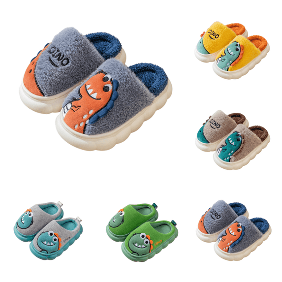 SAWOBUUN Kids Dinosaur House Slippers for Boys Girls Cute Cartoon Plush Fuzzy Warm Cozy Closed Toe Non-Slip Thick Sole Indoor Bedroom Shoes Toddler Little Kid
