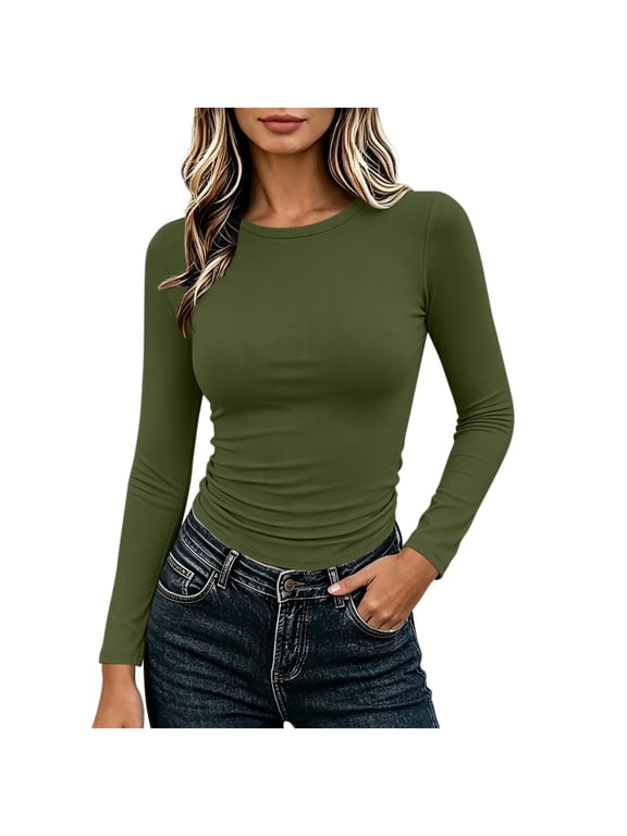 Long Sleeve Shirts for Women Slim Fit Going Out Tops Crew Neck Basic Tees Soft Stretchy Underscrub
