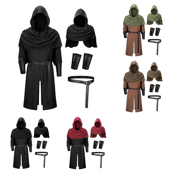 SAWOBUUN Men Medieval Hooded Robe Renaissance Assassin Tunic for Halloween LARP Accessories Set