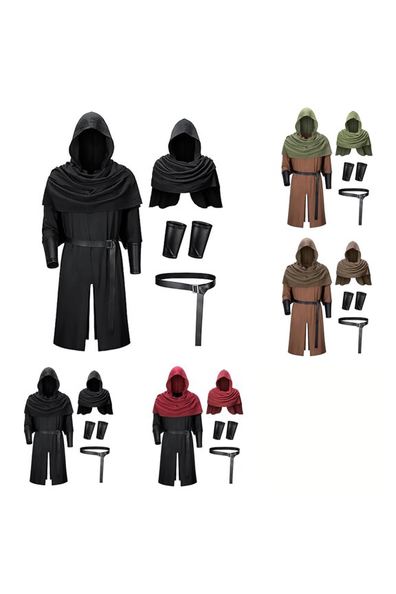 Men Medieval Hooded Robe Renaissance Assassin Tunic for Halloween LARP Accessories Set