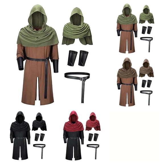 SAWOBUUN Men Medieval Hooded Robe Renaissance Assassin Tunic for Halloween LARP Accessories Set