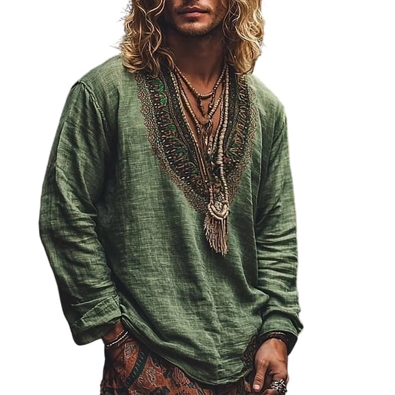 SAWOBUUN Men's Bohemian Long Sleeve Pullover Shirt Vintage Ethnic Embroidered V Neck Top Loose Fit Hippie Casual Tee