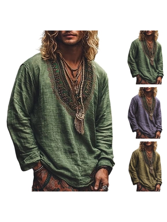 Men's Bohemian Long Sleeve Pullover Shirt Vintage Ethnic Print V Neck Top Loose Fit Hippie Casual Tee