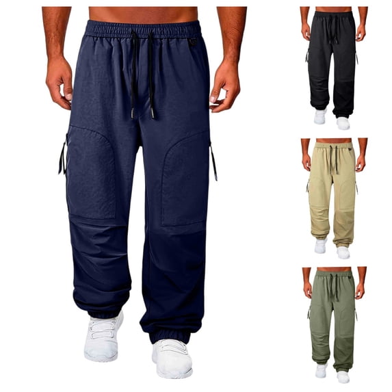 SAWOBUUN Men's Cargo Joggers Elastic Waist Drawstring Heavyweight Sweatpants Loose Fit Work Hiking Trousers with Zipper Pockets