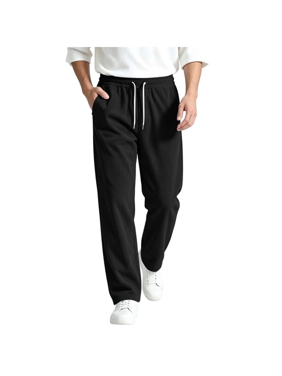 Men's Corduroy Casual Pants Drawstring Elastic Waist Straight Leg Trousers with Pockets