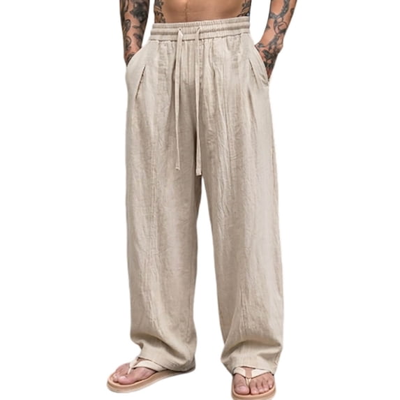 SAWOBUUN Men's Cotton Linen Pants Breathable Wide Leg Trousers Elastic Drawstring Waist Loose Fit Casual Summer Beach Pants