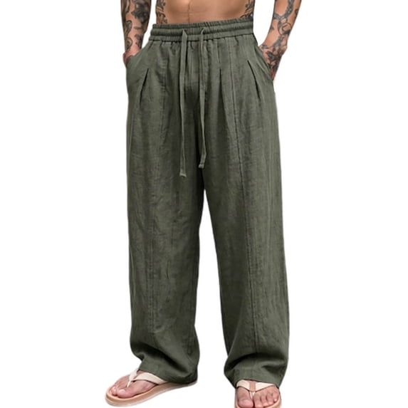 SAWOBUUN Men's Cotton Linen Pants Breathable Wide Leg Trousers Elastic Drawstring Waist Loose Fit Casual Summer Beach Pants