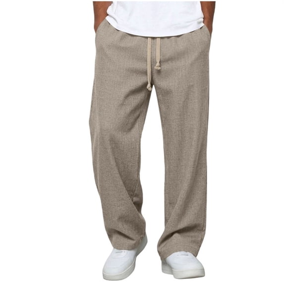 SAWOBUUN Men's Cotton Pants Relaxed Fit Casual Summer Pants Drawstring Elastic Waist Trousers