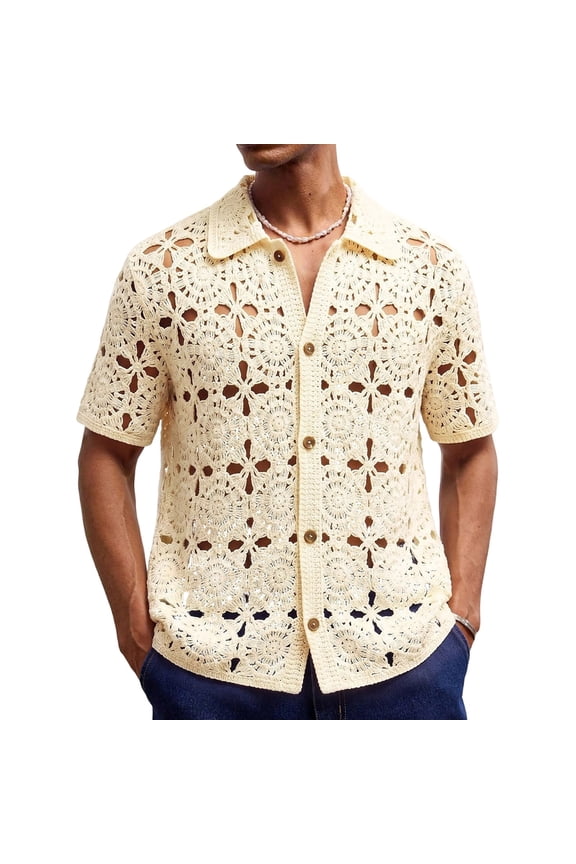 Men's Crochet Knit Short Sleeve Shirt Boho Vintage Button Down Top Breathable Hollow out Summer Beach Vacation Tee