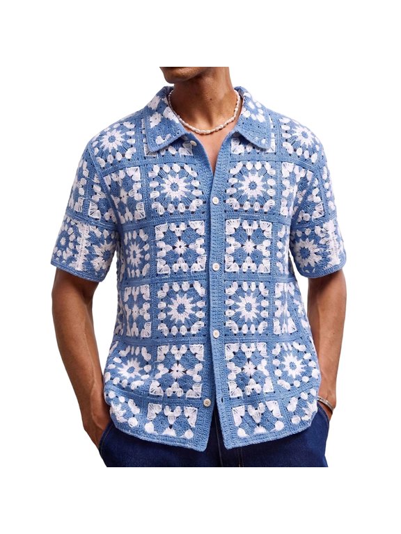 Men's Crochet Knit Short Sleeve Shirt Boho Vintage Button Down Top Breathable Hollow out Summer Beach Vacation Tee