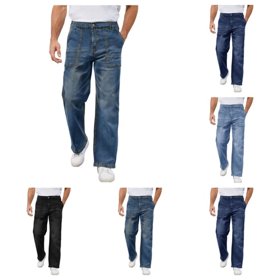 SAWOBUUN Men's Elastic Waist Denim Jeans Straight Leg Loose Fit Washed Jean Pants Comfort Stretch Casual Denim Pants