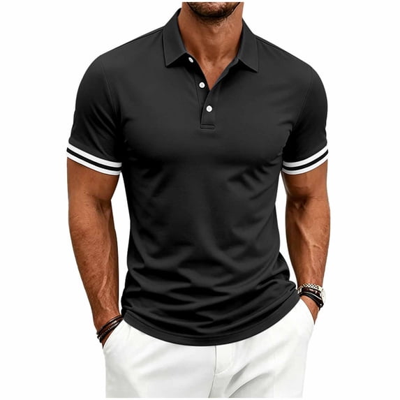 SAWOBUUN Men's Golf Shirt Short Sleeve Classic Button Collar Top with Striped Cuffs Casual Solid Color Slim Fit Tee