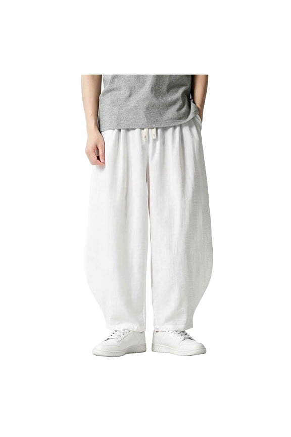 Men's Harem Pants Wide Leg Drawstring Elastic Waist Relaxed Fit Casual Summer Linen Pants