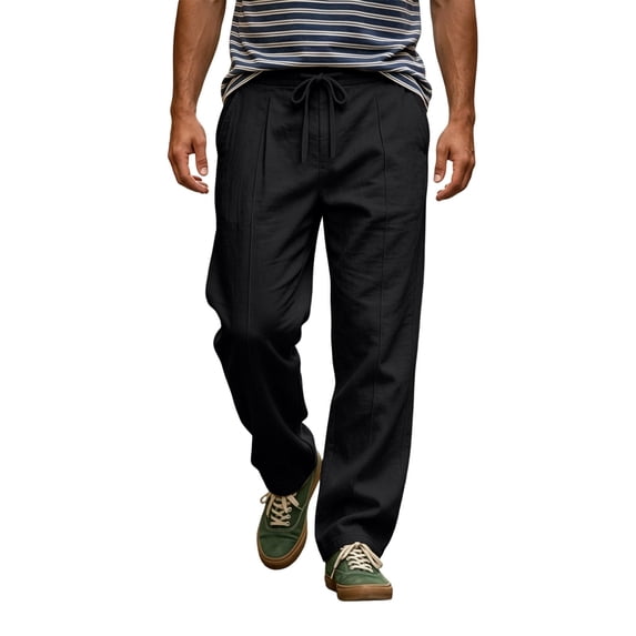 SAWOBUUN Men's Linen Pants Breathable Straight Leg Drawstring Trousers Elastic Waist Casual Beach Pants with Pockets