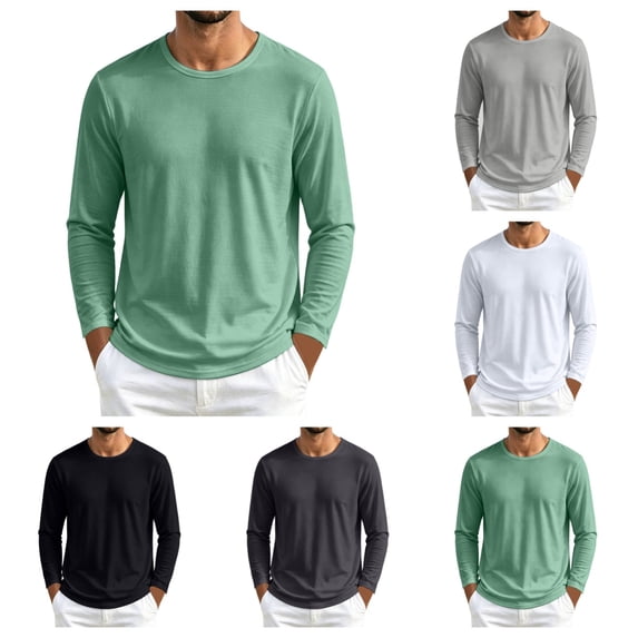 SAWOBUUN Men's Long Sleeve Shirts Quick Dry Crew Neck Breathable Mesh Moisture Wicking Soft Casual Basic Tee Shirts