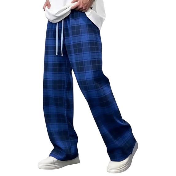 SAWOBUUN Men's Plaid Lounge Pants Wide Leg Drawstring Elastic Waist Loose Fit Casual Trousers Soft Sports Pajama Pants