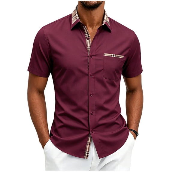 SAWOBUUN Men's Short Sleeve Button Down Shirt Plaid Casual Slim Fit Dress Shirt Summer Business Work Top with Chest Pocket